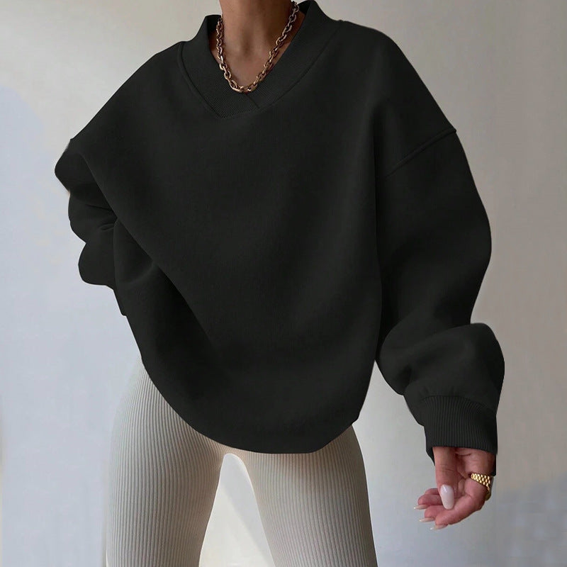 Damen Oversized V-Ausschnitt Sweatshirt mit verstärktem Rippkragen und extraweitem Cut Drune