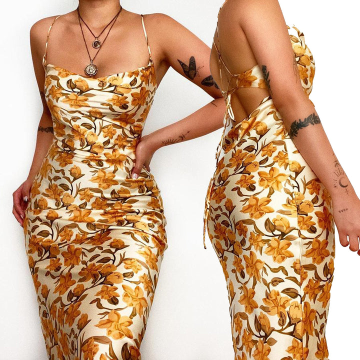 Damen Satin Maxikleid mit floraler Drapierung und Spaghettiträgern Drune
