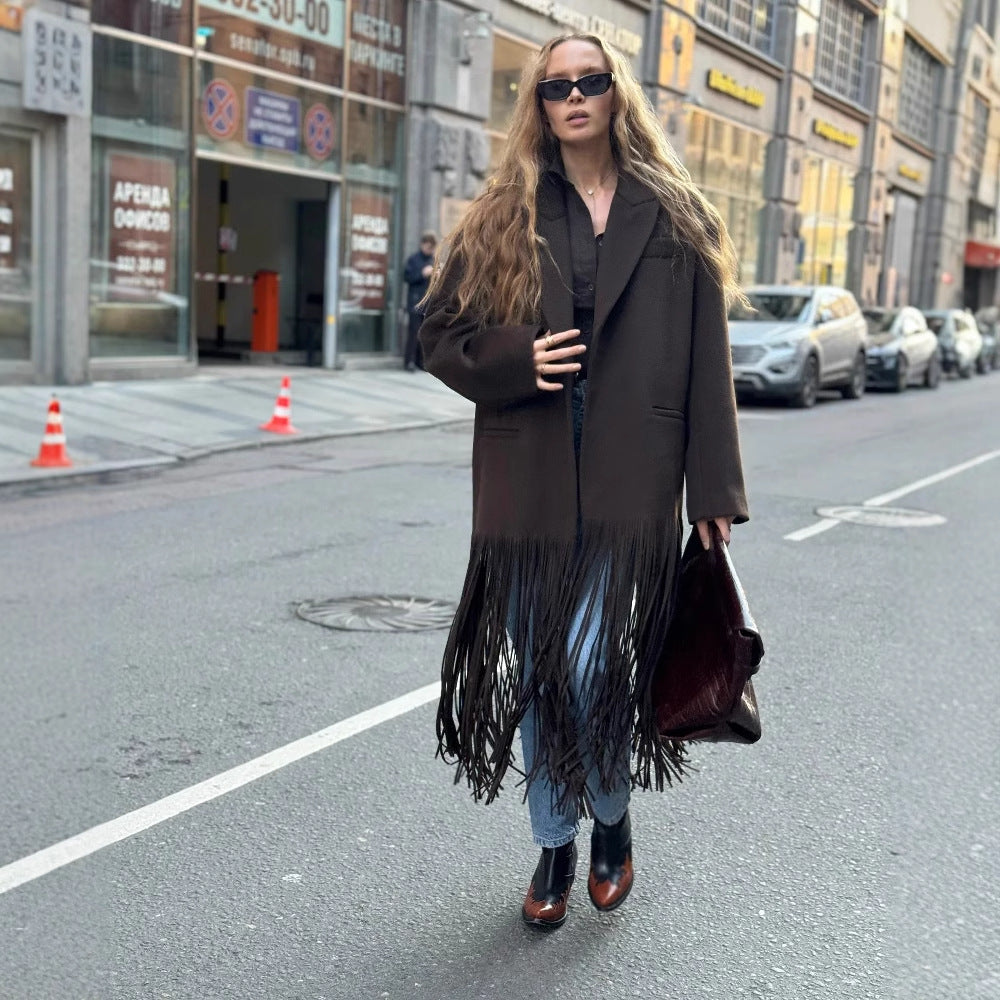 Damen 200+ lang geschnittener Mantel mit Plissee‑Fransen und Ein‑Knopf‑Blazer‑Silhouette Drune