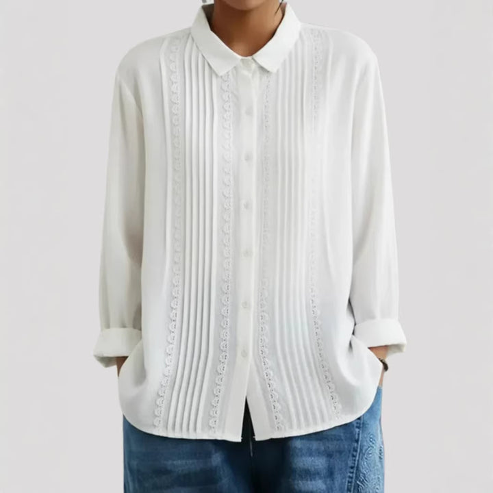 Damen Elegante Bluse mit feinen Falten und Spitzenbesatz