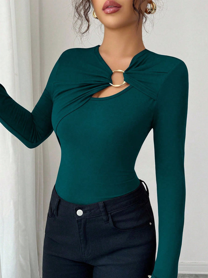 Damen nan figurbetonter Langarm-Body mit Leopardenprint und Zier-Ring Drune