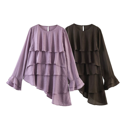 Damen Gestufte Rüschenbluse mit Glockenärmeln und asymmetrischem Saum Drune
