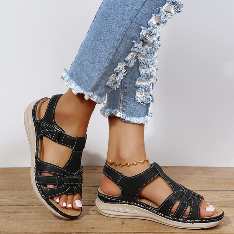 Damen Komfort-Sandalen mit Soft-Leder, geflochtenem Vorderblatt und verstellbarem Klettverschluss Drune