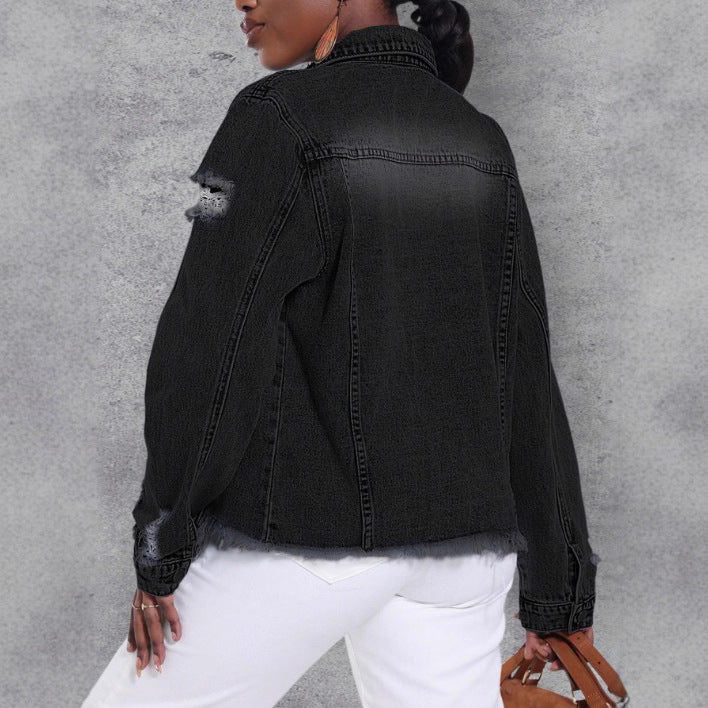 Damen Distressed Denimjacke mit ausgefranstem Saum und Relaxed-Fit Drune