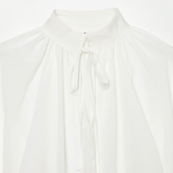 Damen Transparente Bluse mit Stehkragen, Volantenärmeln und Spitzenborte Drune