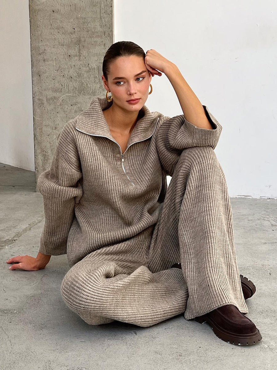 Damen Strick-Loungewear-Ensemble mit weitem Schnitt und hohem Kragen Drune