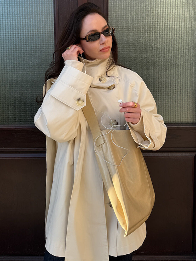 Damen Kurzer Oversize-Trench mit hohem Stehkragen, verdeckter Knopfleiste & weiten Manschetten Drune