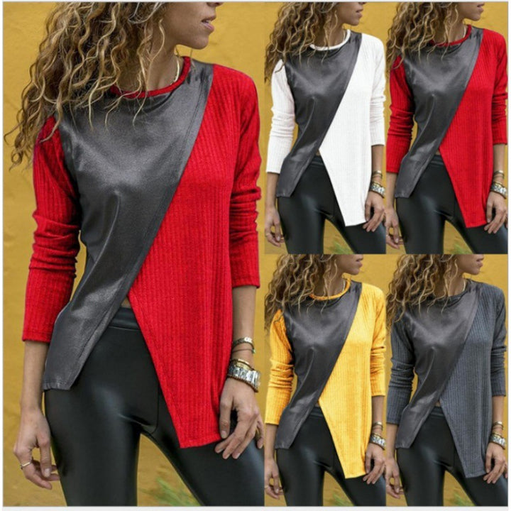 Damen Asymmetrisches Longsleeve mit Lederoptik‑Overlay und Rippstrick Drune