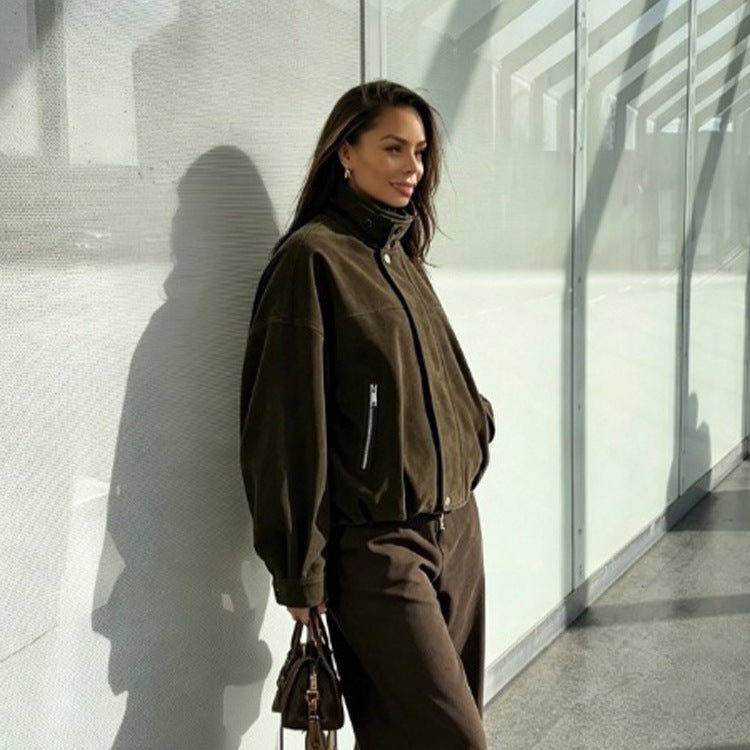 Damen Boxy-Suede-Bomberjacke mit hohem Stehkragen und elastischem Saum Drune