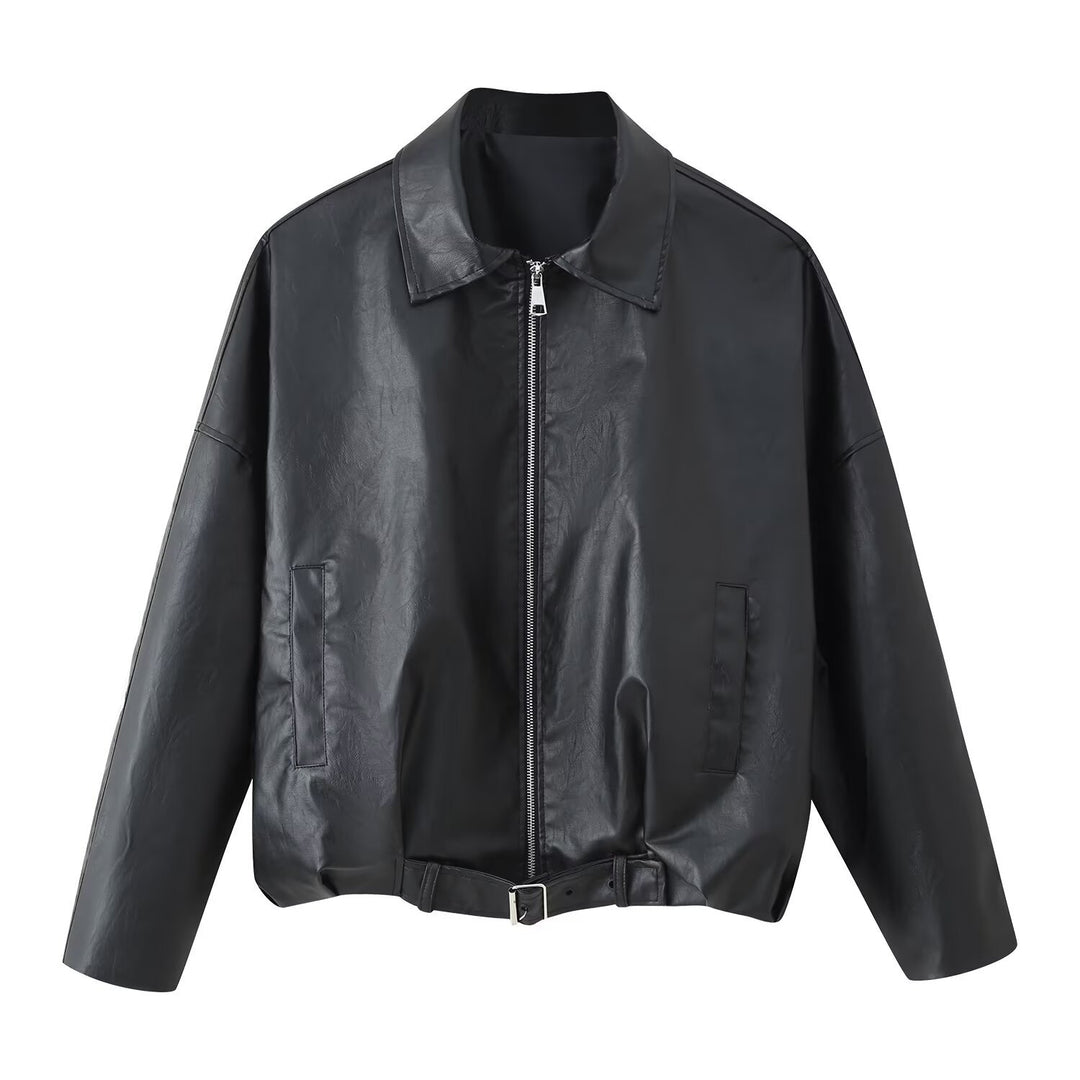 Damen modische Kunstlederjacke mit Taillengürtel Drune