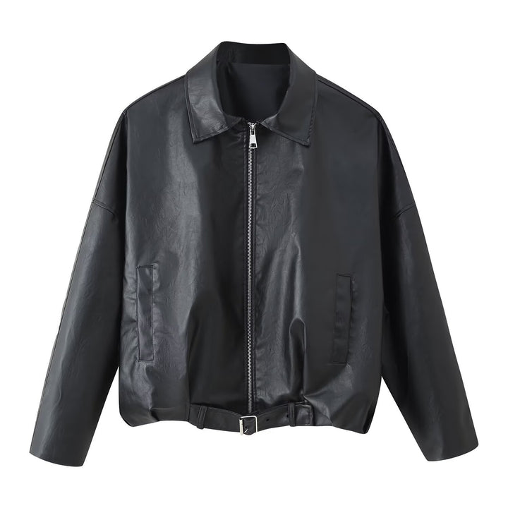 Damen modische Kunstlederjacke mit Taillengürtel Drune