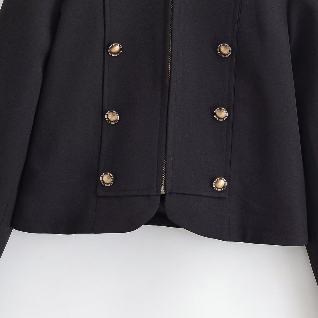 Damen Kurzblazer im Military-Look mit Stehkragen, Zierknopfreihe und Reißverschluss Drune