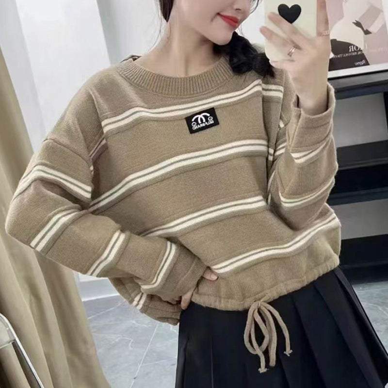 Damen gestreifter Sweater mit stylischem Kordelzug und lässigem Oversized-Schnitt