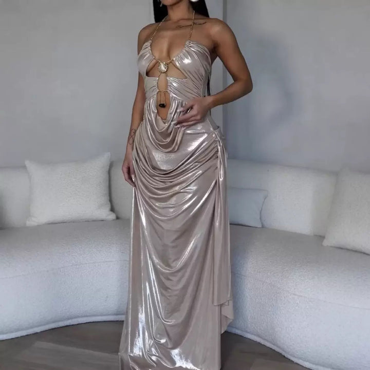 Damen Glamouröses Maxi-Kleid mit tiefem V-Ausschnitt und eleganten Drapierungen Drune
