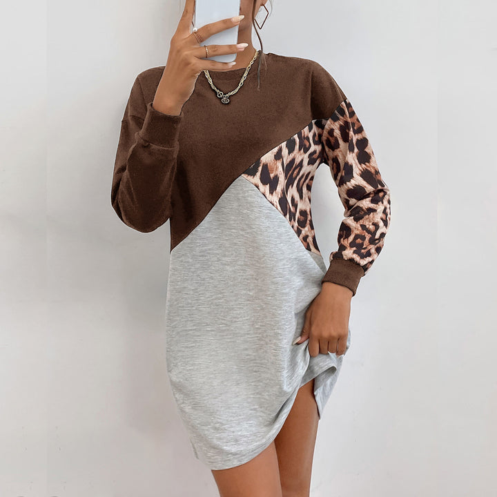 Damen Oversize-Sweatkleid mit Colorblock-Design und Leopardenärmeln Drune