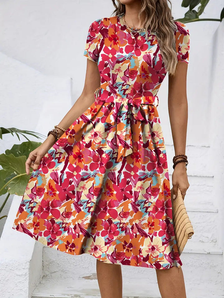 Damen Elegantes Midikleid mit floralem Design und Taillengürtel Drune