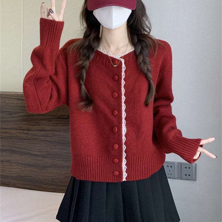 Damen Strickjacke mit feinen Knopfdetails und süßer Spitzenkante Drune