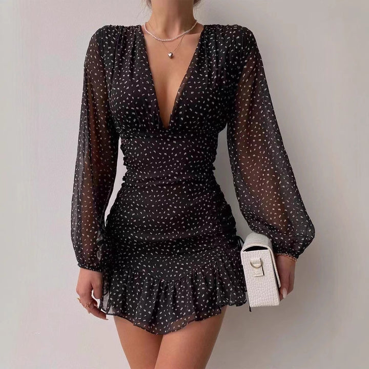 Damen Cocktailkleid mit tiefem V-Ausschnitt und funkelnden Puffärmeln Drune