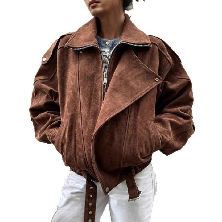 Damen Oversized Veloursleder-Blouson mit asymmetrischem Reißverschluss und Taillengürtel Drune
