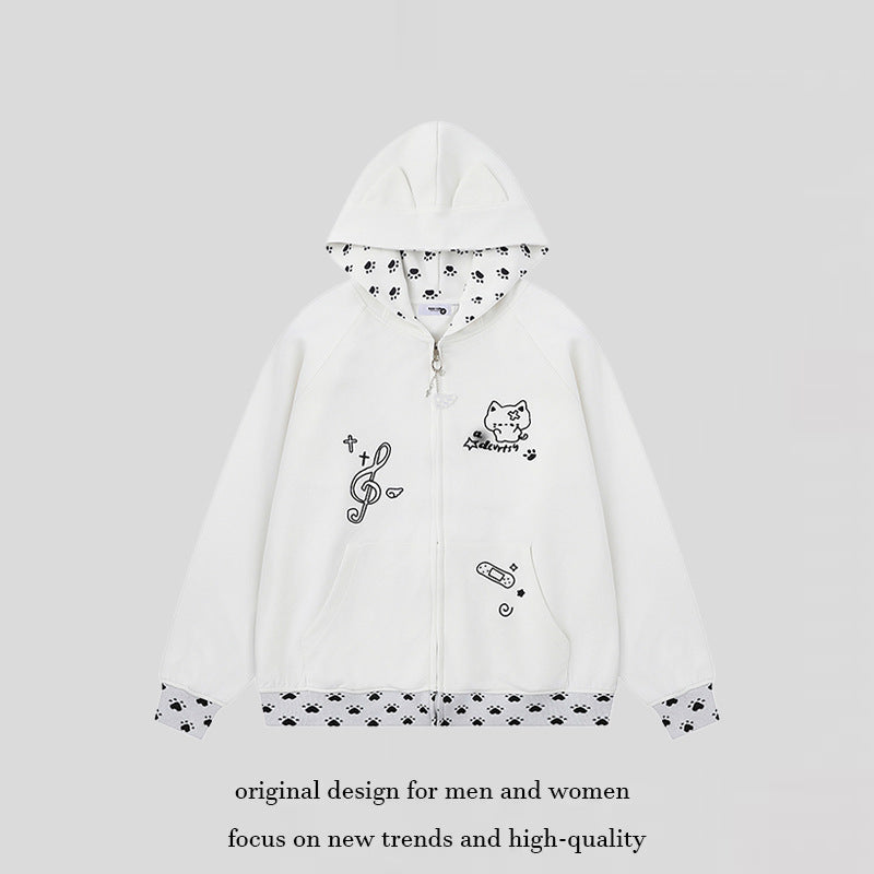 Damen Kapuzenjacke mit Reißverschluss im Casual‑Kawaii‑Stil, Kontrastkapuze, Comic‑Prints und Rippbündchen Drune