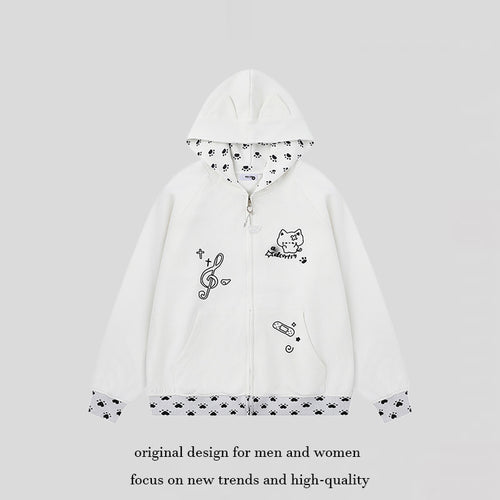 Damen Kapuzenjacke mit Reißverschluss im Casual‑Kawaii‑Stil, Kontrastkapuze, Comic‑Prints und Rippbündchen Drune
