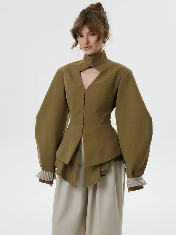 Damen taillierte Jacke mit Stehkragen, Cut-Out und Ballonärmeln Drune