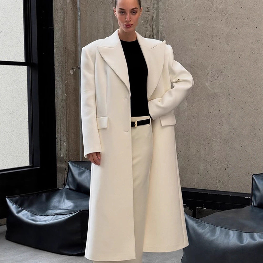 Damen Maxilanger Oversize-Wollmixmantel mit markanten Schulterpolstern und Reverskragen Drune
