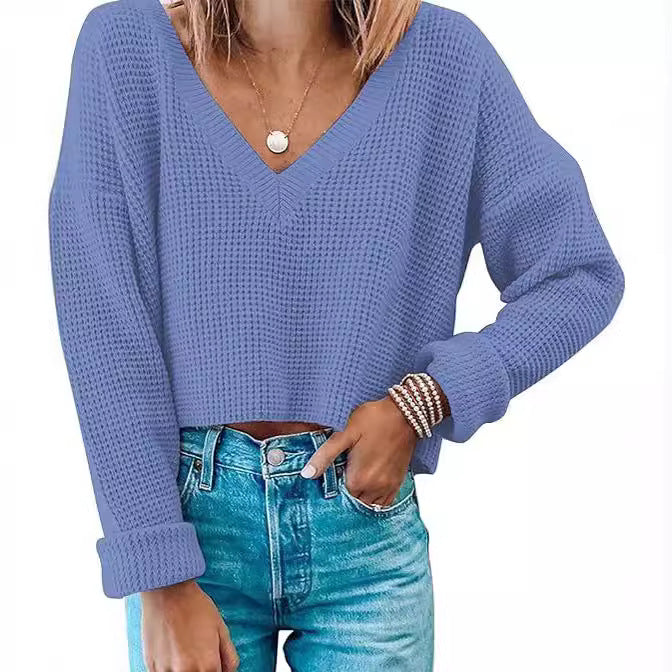 Damen lässiger V-Ausschnitt Pullover im Waffelmuster Drune