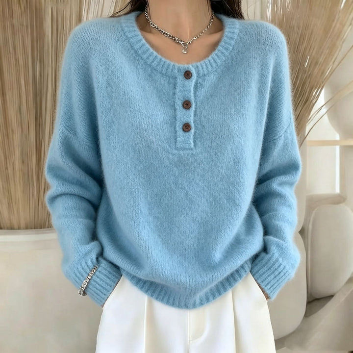 Damen Kuscheliger Rundhals-Henley-Pullover mit Knopfleiste und Raglanärmeln Drune