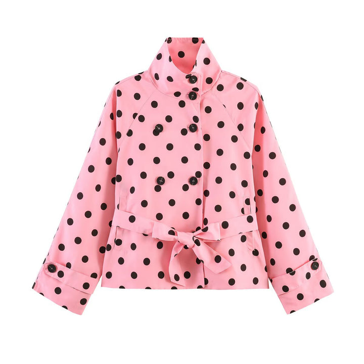 Damen Kurz geschnittener Regenmantel mit Polka-Dot-Muster und Bindegürtel Drune