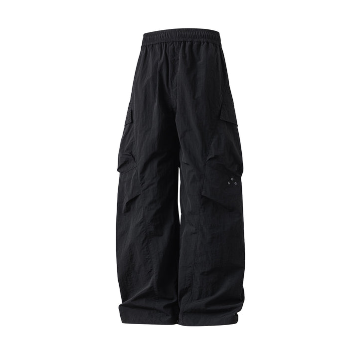 Unisex Extraweite Nylon‑Cargo‑Palazzohose mit elastischem Comfort‑Bund und asymmetrischen Klappentaschen Drune