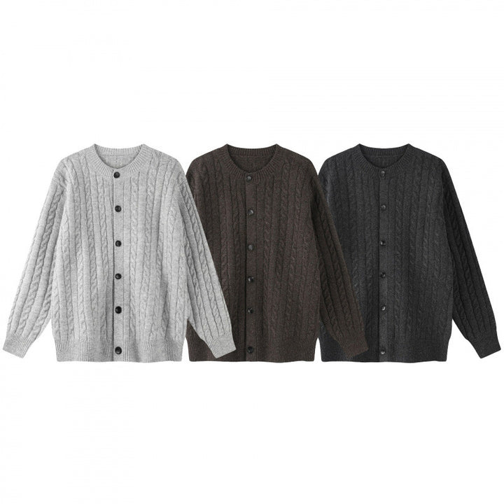Damen Grobgestrickter Zopf-Strick-Cardigan mit Knopfleiste und Rundhals Drune