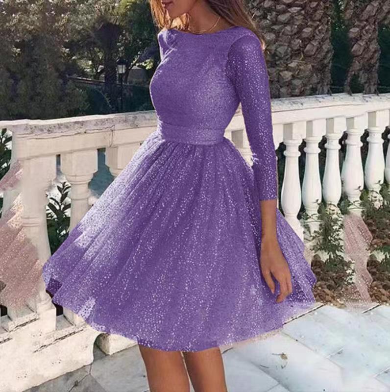 Damen festliches Taillenkleid mit Glitzer und langen Ärmeln Drune