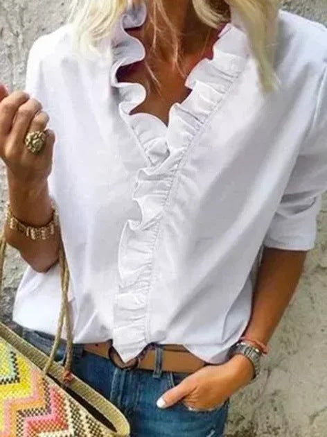 Damen Leichte Viskosemischung Bluse mit Rüschenausschnitt und rollbaren 3/4 Ärmeln Drune