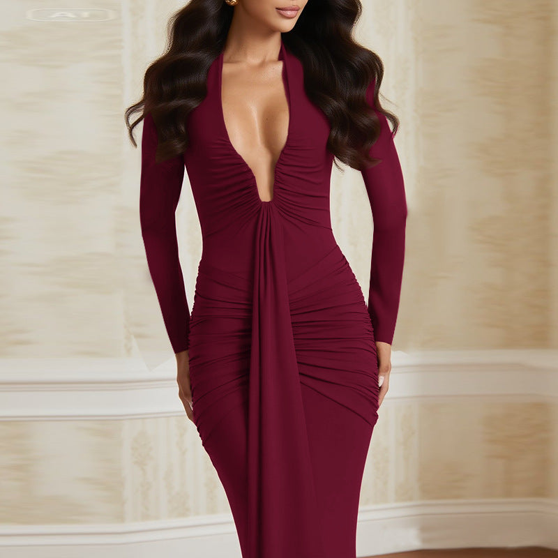 Damen langes Wickelkleid mit raffinierten Drapierungen und elegantem V-Ausschnitt Drune