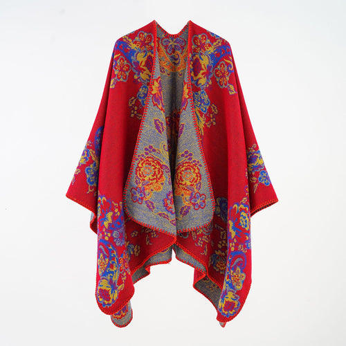 Damen Jacquard-Poncho aus Wollmix mit floraler Musterung und Kettelkante Drune