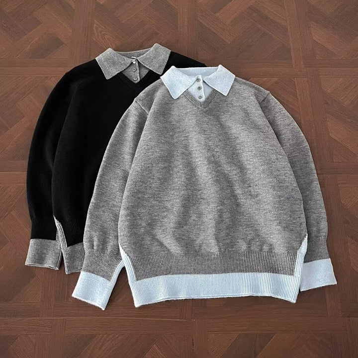 Herren Modischer Strickpullover mit V-Ausschnitt und Kontrastkragen Drune