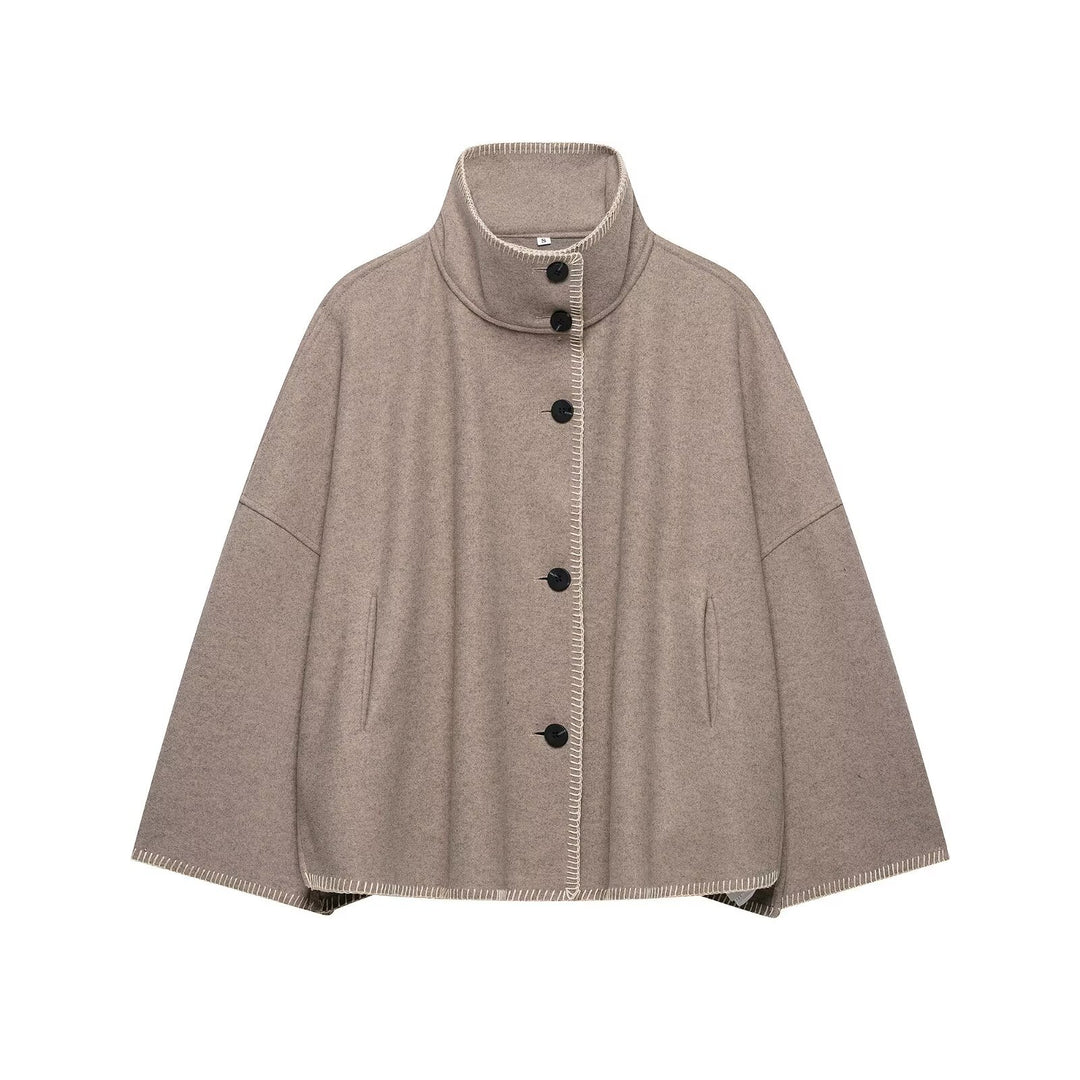 Damen Wollmix-Cape mit hohem Stehkragen, dekorativer Ziernaht und Knopfleiste Drune
