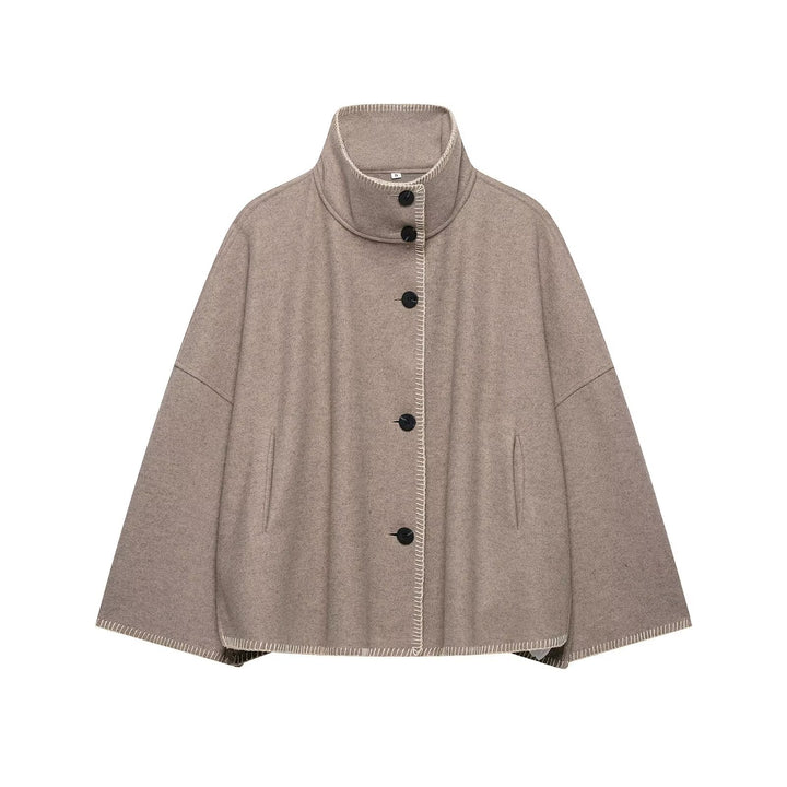Damen Wollmix-Cape mit hohem Stehkragen, dekorativer Ziernaht und Knopfleiste Drune