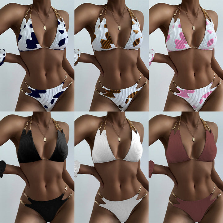 Damen Triangel-Bikini mit luxuriösen Kettenakzenten und modischem Kuhmuster Drune