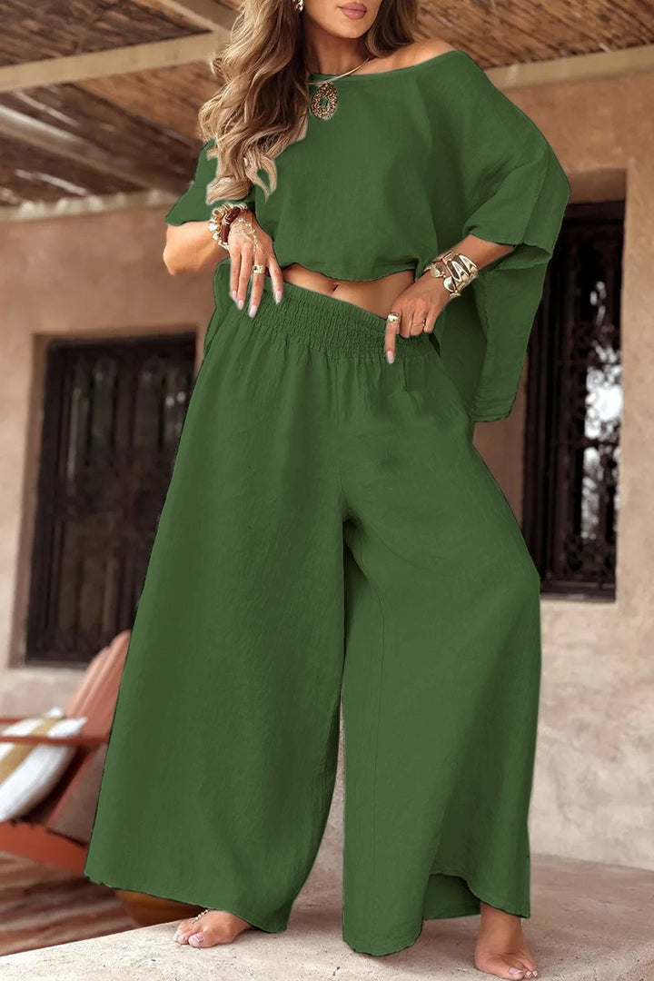 Damen Leichter Leinen-Zweiteiler mit Cropped Oversize-Top und Smokbund-Palazzohose Drune