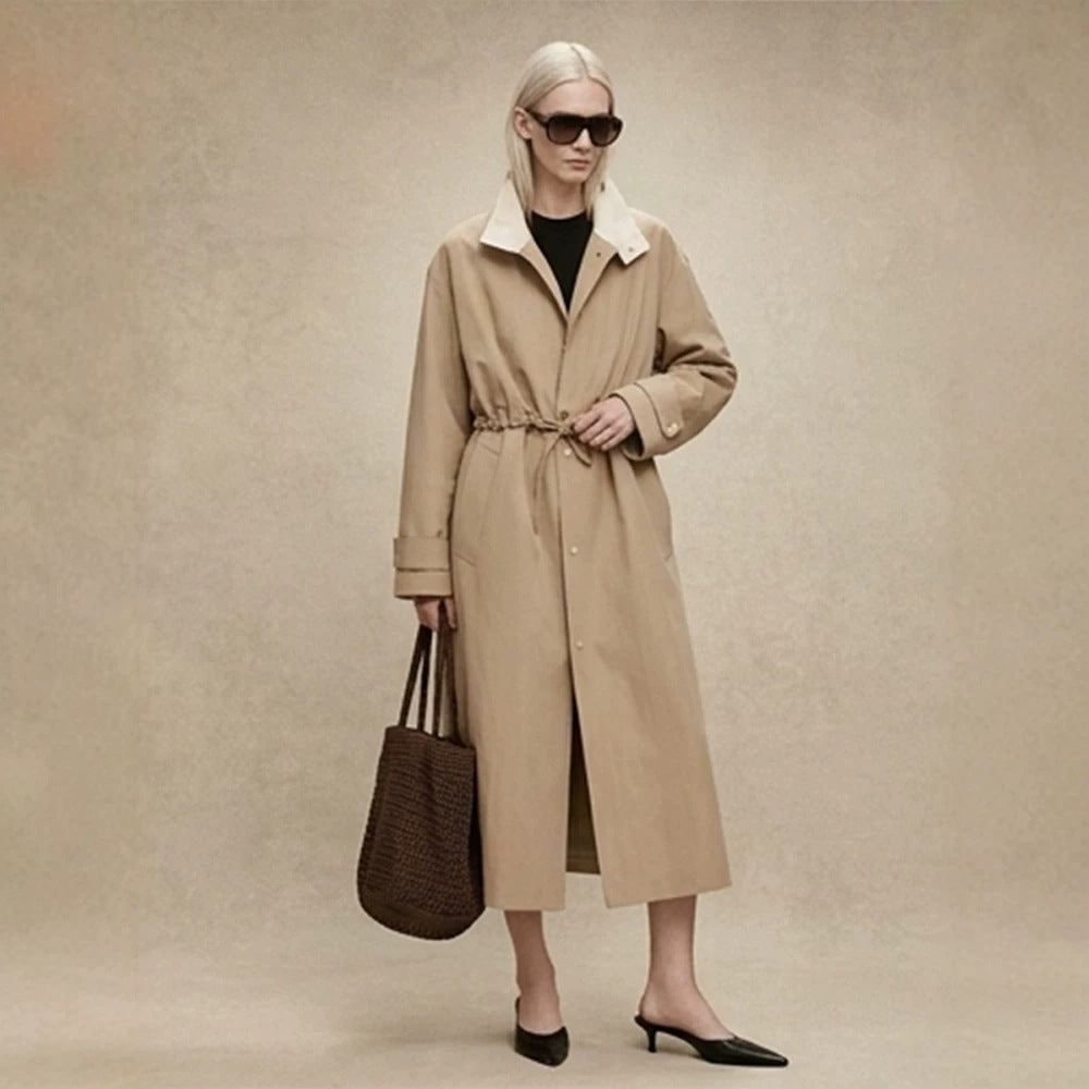 Damen Taillierter Mantel im Trenchcoat‑Stil mit Kordelzug‑Taille und Kontrastkragen Drune
