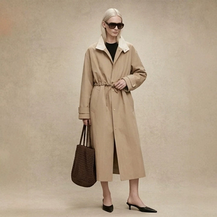 Damen Taillierter Mantel im Trenchcoat‑Stil mit Kordelzug‑Taille und Kontrastkragen Drune