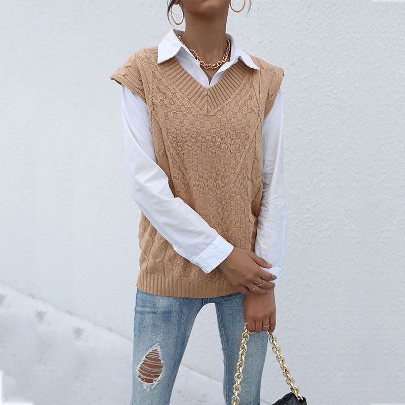 Damen Strick-Weste mit V‑Ausschnitt, Zopfmuster und lässiger Oversize-Silhouette Drune
