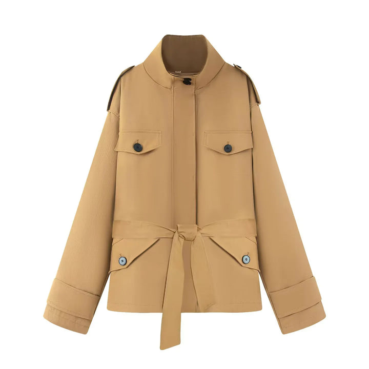 Damen nan funktionale Safari‑Jacke mit Taillengürtel, Pattentaschen und hoch geschlossenem Kragen Drune