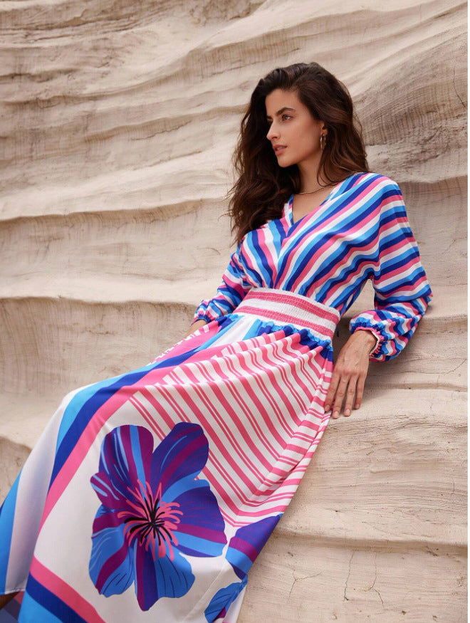 Damen Elegantes Maxikleid mit floralem Design und Streifen Drune