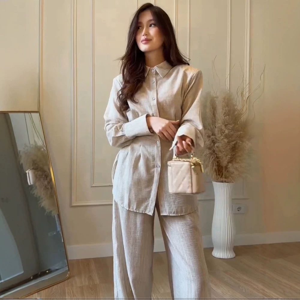 Damen Leichtes Leinen-Loungewear-Set mit Oversize-Hemd und weiter Bundhose Drune