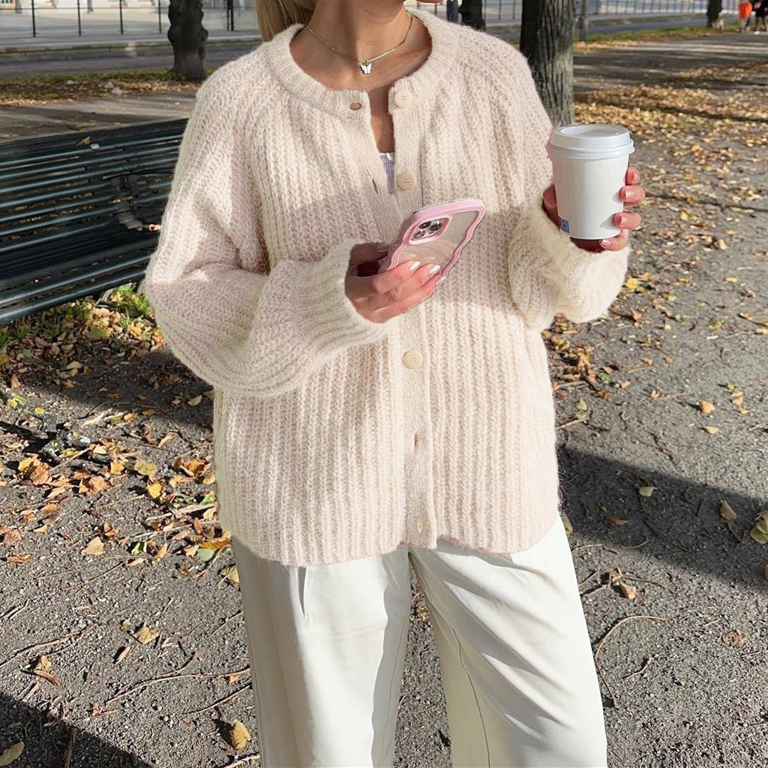 Damen Oversize Mohair-Effekt Strickjacke mit Rippenstruktur und Rundhalsausschnitt Drune