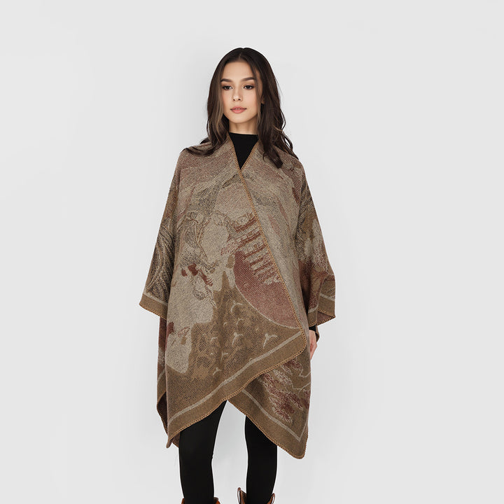 Damen Jacquard‑Strickcape mit floraler Grafik und asymmetrischem Saum Drune