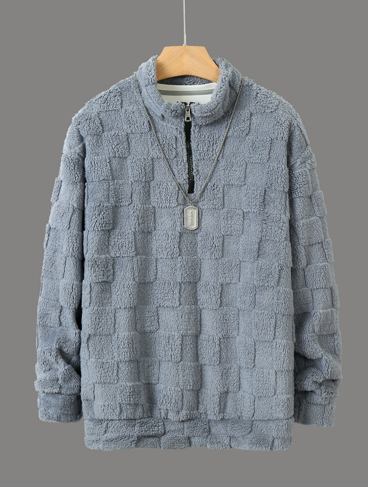 Herren karierter Sherpa-Halbzip-Pullover mit hohem Stehkragen und weicher Teddy-Fleece-Qualität Drune